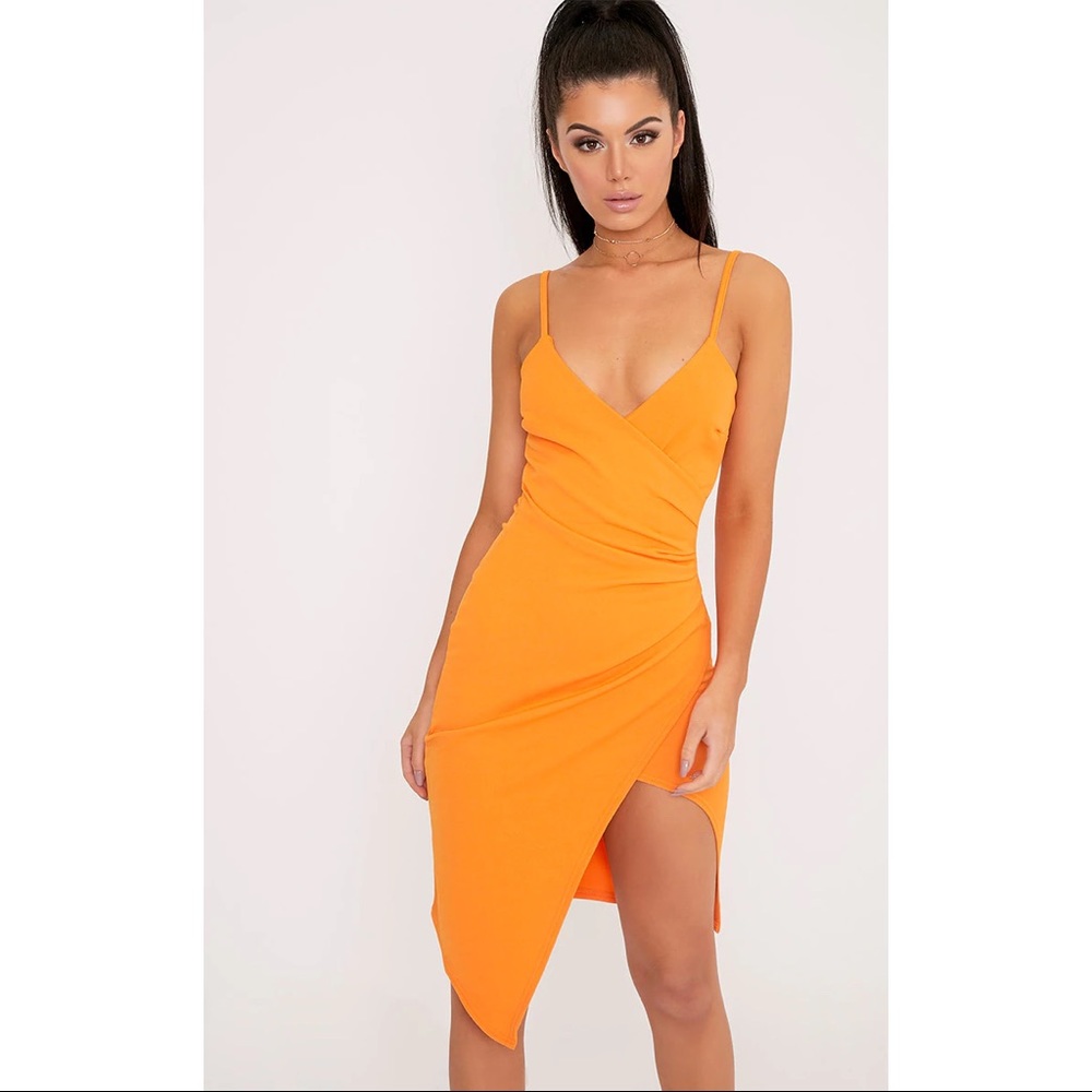 PrettyLittleThing Lauriell Orange Wrap Dress size 8 As seen on Kylie Jenner!